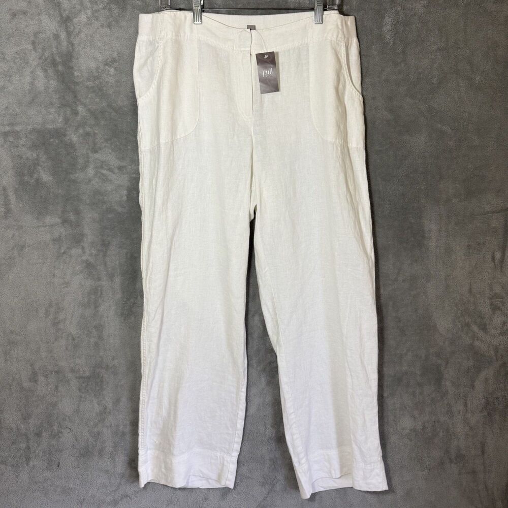 NWT J.Jill Womens 14W White 100% Linen Zip Wide Leg Pants Elastic Waist Pockets